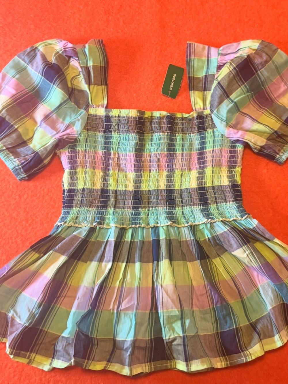 Blue, green and purple boho peasant plaid smocked cotton blouse NWT - Picture 10 of 10